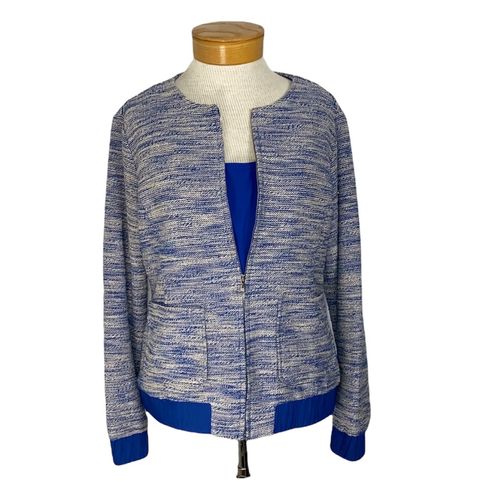Isaac Mizrahi S Zip Jacket Blue White Quiet Luxury Knit Elevated Casual